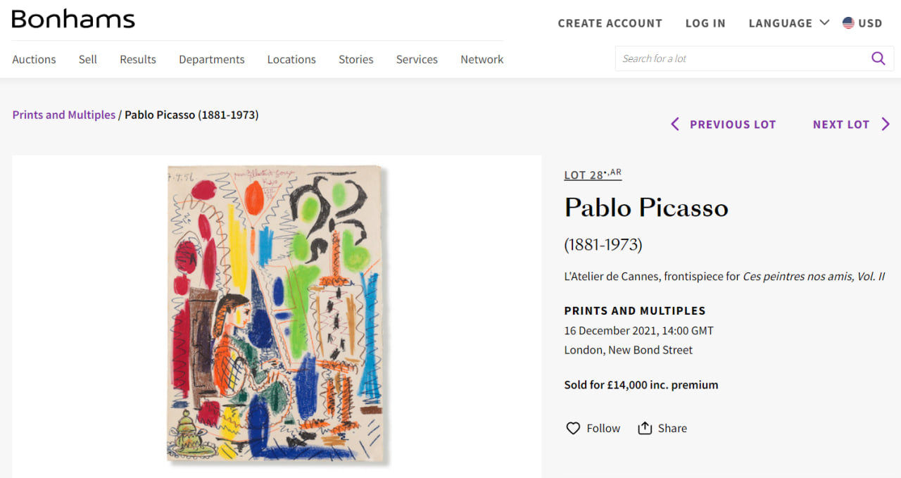 Pablo Picasso - Original Lithograph "L'Atelier de Cannes" (cover for "Ces peintres nos amis vol. II") (1960)