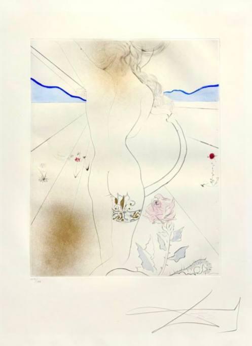 Salvador Dalí - Nu à la jarretière: Nude with Garter from suite Les Hippies (Limited edition, hand-signed by Dalí, Drypoint etching, 1969/70) - Hedonism Gallery