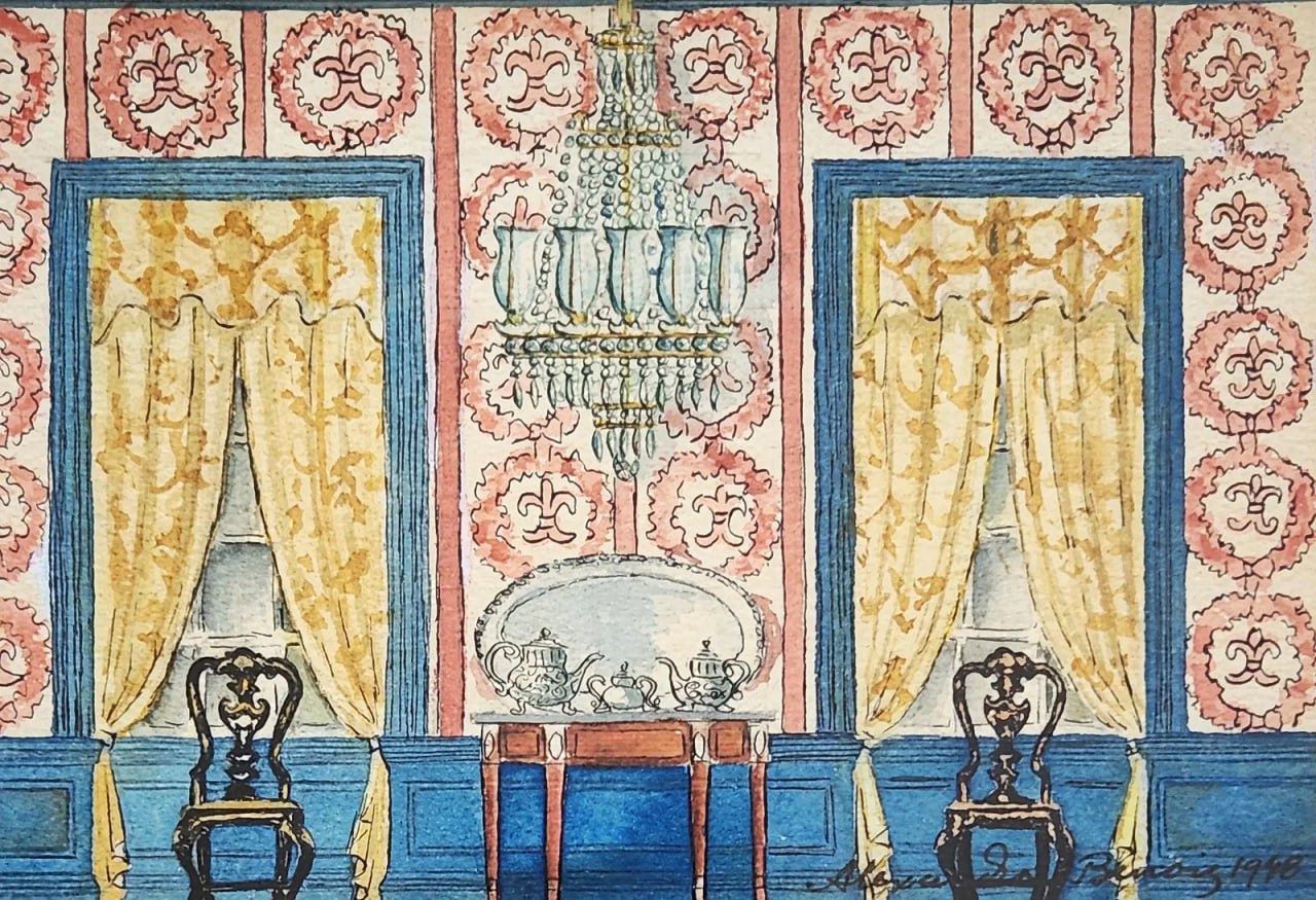 Alexandre Benois - Interior with Golden Curtains (Watercolor on Paper), 1948