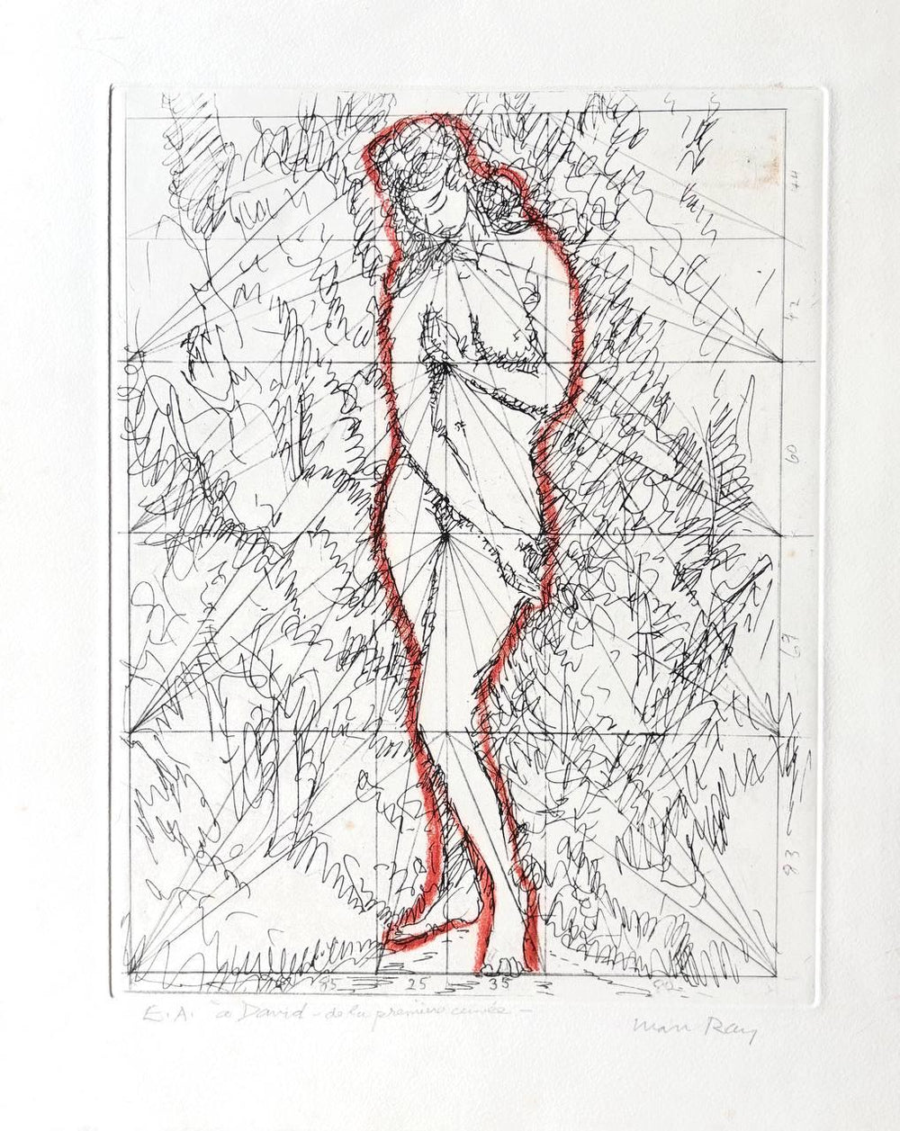 Man Ray - Opus International (Original etching with red pastel outline by the artist, 1970) - Hedonism Gallery
