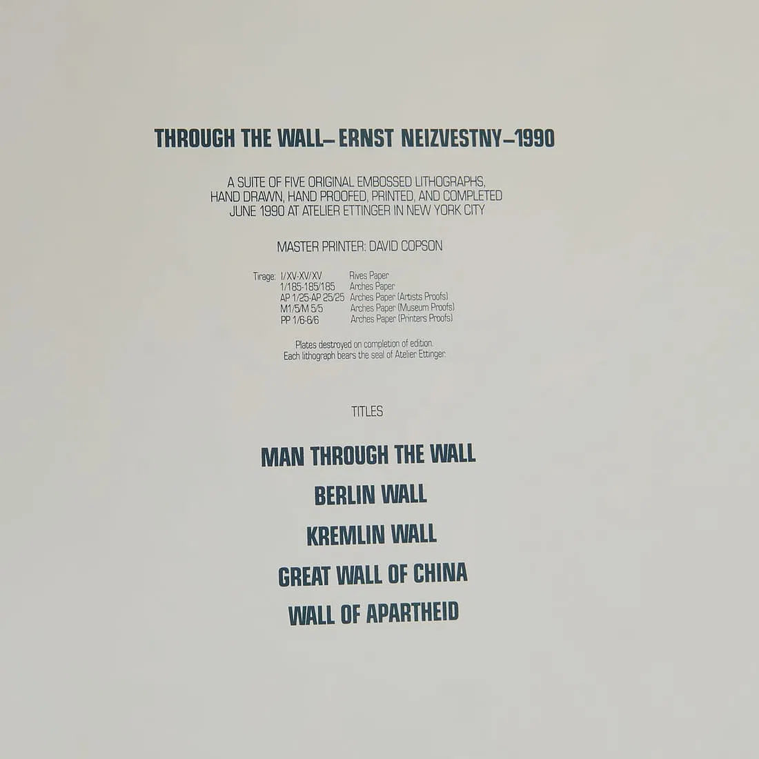 Ernst Neizvestny – Through the Wall (Complete Suite of 5 Lithographs), 1990