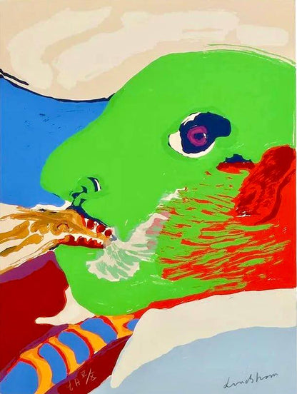 Bengt Lindström - Green Head (Original lithograph, hand-signed, 1970s)