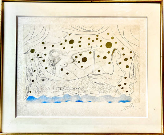 Salvador Dalí - Venus au bain / Nu au bain from Suite Mythologique Nouvelle (Deluxe edition on Japon paper, hand-signed by Dalí, Hand-colored drypoint engraving with gold accents, 1971)