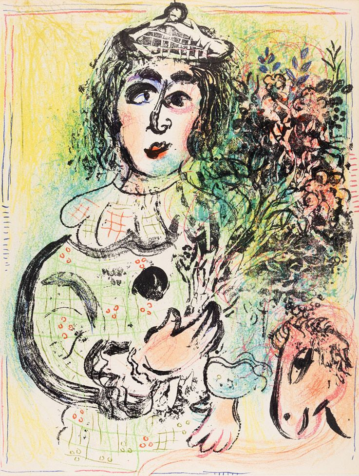 Marc Chagall - Le clown fleuri (Original lithograph, 1960)