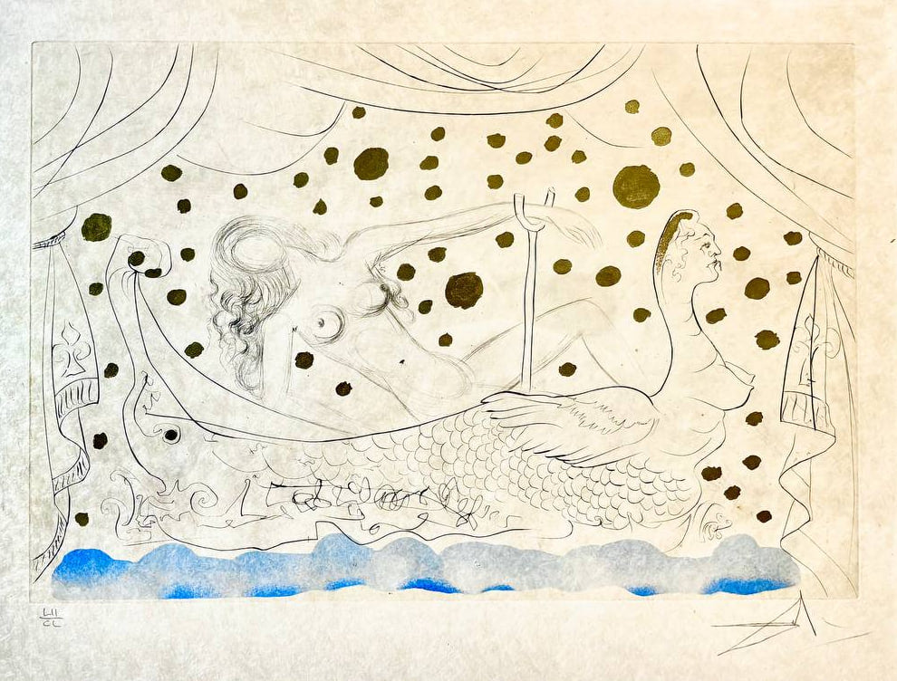 Salvador Dalí - Venus au bain / Nu au bain from Suite Mythologique Nouvelle (Deluxe edition on Japon paper, hand-signed by Dalí, Hand-colored drypoint engraving with gold accents, 1971)