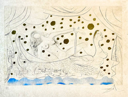 Salvador Dalí - Venus au bain / Nu au bain from Suite Mythologique Nouvelle (Deluxe edition on Japon paper, hand-signed by Dalí, Hand-colored drypoint engraving with gold accents, 1971)